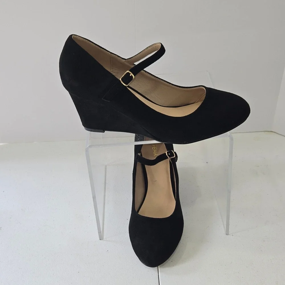 Difema Womens Black Faux Suede Mary Jane Wedge Heels Pumps Size 10 Round Toe